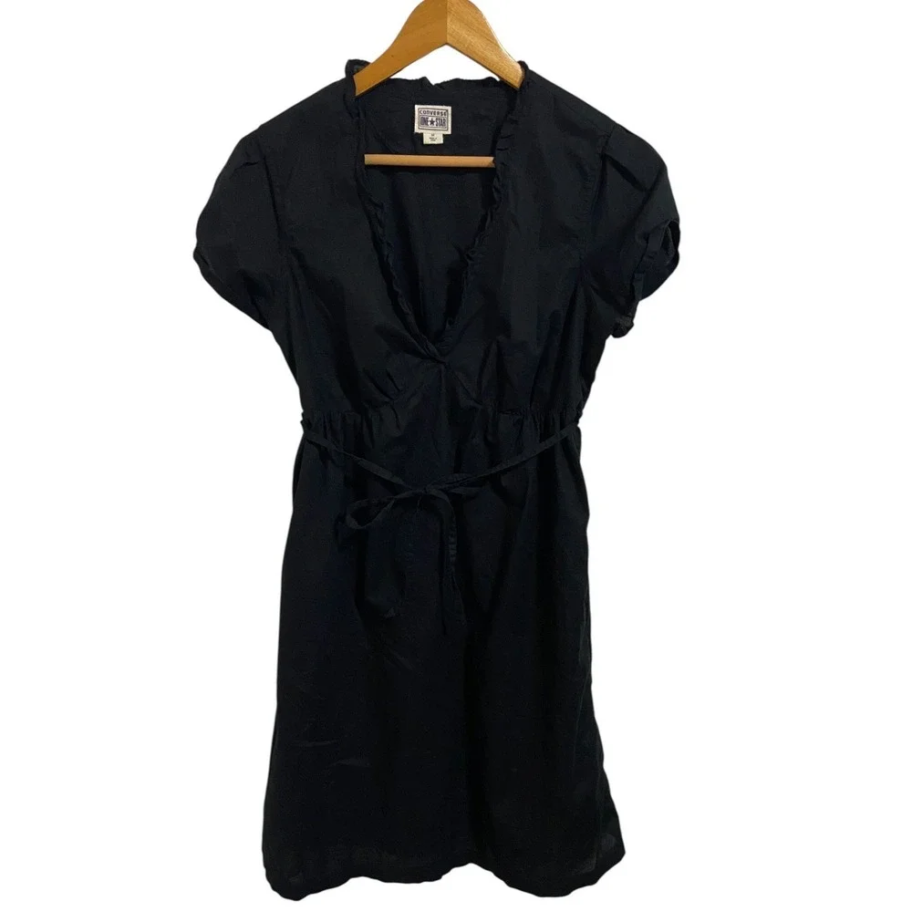 Converse One Star Black Short Sleeve Wrap Dress Ruffle‎ Trim Tie Waist Edgy M